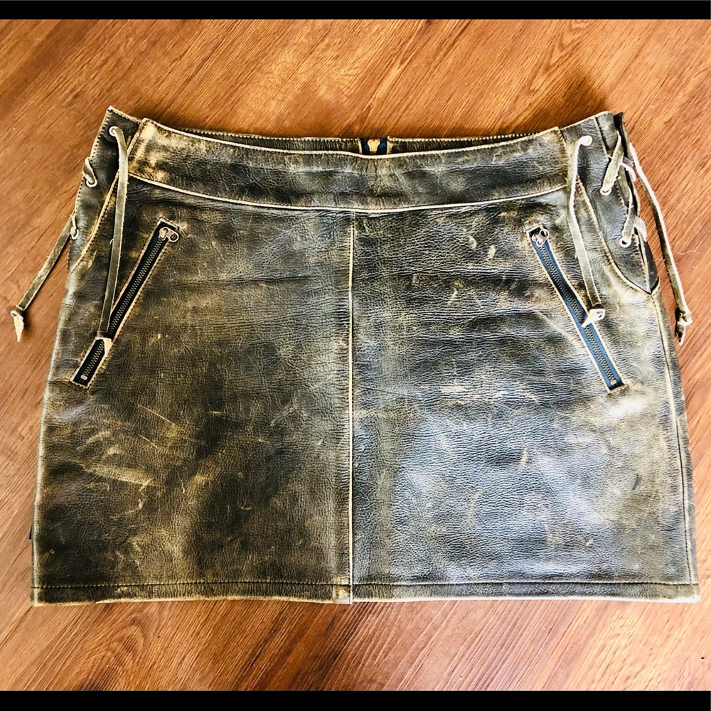 Tommy Hilfiger Distressed Olive Green Leather Mini Skirt